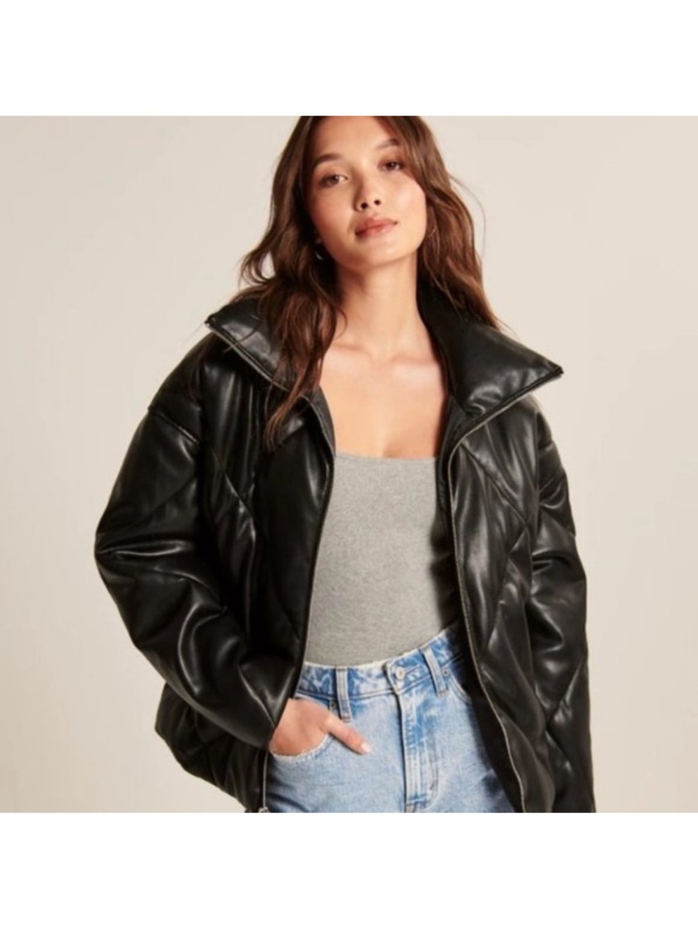 Abercrombie & Fitch Oversized Vegan Leather Quilted Puffer Jacket Medium NWT